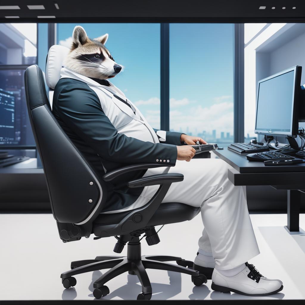  raccoon sitting in gaming chair front a computer on desktop, ((semi anthropomorphic)),(full body), tail, belly, sitting, fat, (chubby), (((white background))), solo, desktop, gaming chair, side view,  [[[clothes]]] hyperrealistic, full body, detailed clothing, highly detailed, cinematic lighting, stunningly beautiful, intricate, sharp focus, f/1. 8, 85mm, (centered image composition), (professionally color graded), ((bright soft diffused light)), volumetric fog, trending on instagram, trending on tumblr, HDR 4K, 8K