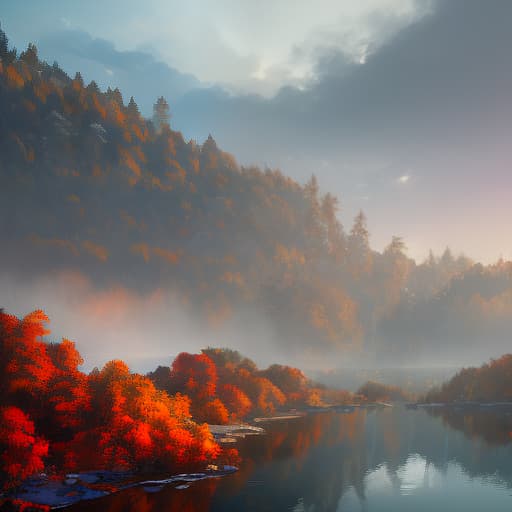  Landscape with a view of the lake, (Extremely Detailed Oil Painting:1.2), glow effects, godrays, Hand drawn, render, 8k, octane render, cinema 4d, blender, dark, atmospheric 4k ultra detailed, cinematic sensual, Sharp focus, humorous illustration, big depth of field, Masterpiece, colors, 3d octane render, 4k, concept art, trending on artstation, hyperrealistic, Vivid colors, extremely detailed CG unity 8k wallpaper, trending on ArtStation, trending on CGSociety, Intricate, High Detail, dramatic hyperrealistic, full body, detailed clothing, highly detailed, cinematic lighting, stunningly beautiful, intricate, sharp focus, f/1. 8, 85mm, (centered image composition), (professionally color graded), ((bright soft diffused light)), volumetric fog, trending on instagram, trending on tumblr, HDR 4K, 8K