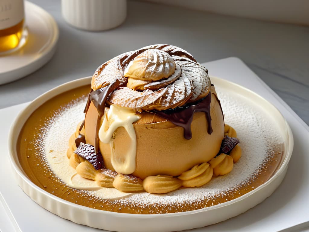  A closeup, ultradetailed image of a perfectly baked profiterole filled with a light, fluffy cream, dusted with a delicate sprinkle of powdered sugar, resting on a sleek, modern plate with a subtle gloss finish. The profiterole is golden brown, showcasing a crispy exterior texture, while the cream filling is visible through a small opening on top, inviting the viewer to imagine its creamy richness. The plate sits on a smooth, marble countertop, with soft, natural lighting highlighting the elegant simplicity of the dessert. hyperrealistic, full body, detailed clothing, highly detailed, cinematic lighting, stunningly beautiful, intricate, sharp focus, f/1. 8, 85mm, (centered image composition), (professionally color graded), ((bright soft diffused light)), volumetric fog, trending on instagram, trending on tumblr, HDR 4K, 8K