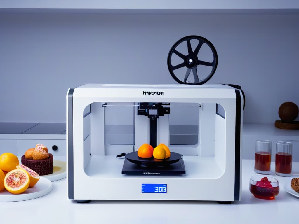  An 8k ultradetailed image of a sleek, futuristic 3D printer in a pristine white kitchen setting, meticulously crafting intricate and elaborate dessert designs with precision using artificial intelligence technology. The printer is surrounded by a variety of colorful and visually stunning 3Dprinted desserts, showcasing the seamless integration of AI in the creation of innovative and artistic culinary delights. hyperrealistic, full body, detailed clothing, highly detailed, cinematic lighting, stunningly beautiful, intricate, sharp focus, f/1. 8, 85mm, (centered image composition), (professionally color graded), ((bright soft diffused light)), volumetric fog, trending on instagram, trending on tumblr, HDR 4K, 8K