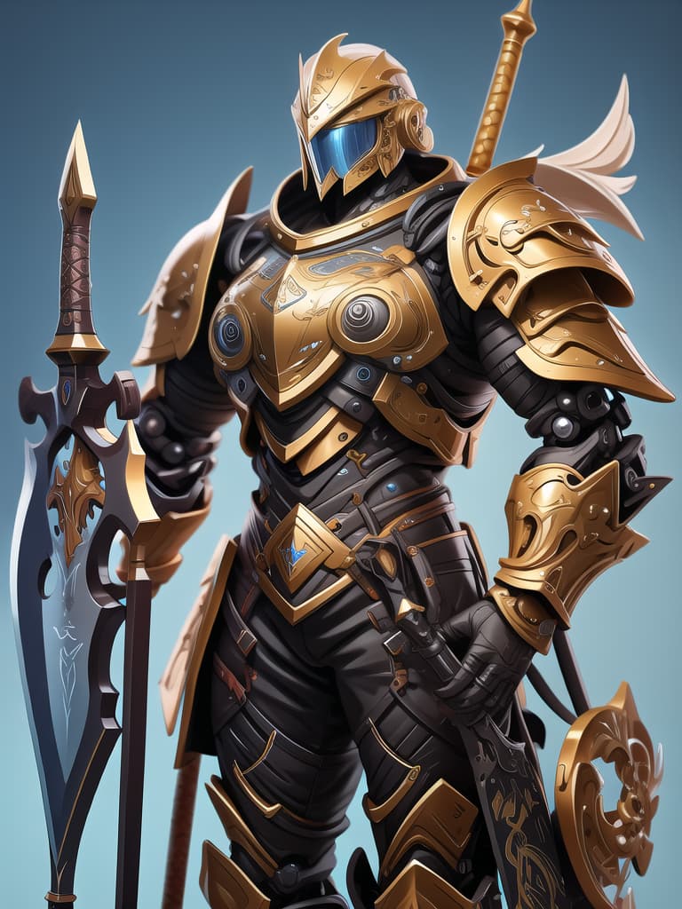  masterpiece, best quality, official art, extremely detailed cg 8k, male Paladin with large two handed axe in ornate robotic black and silver armor