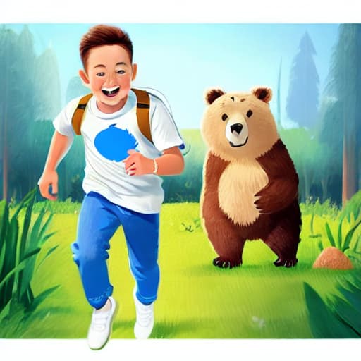  (best quality:1.5),(realistic:1.0),1boy, white shirt, blue pants, 1bear running, green grass