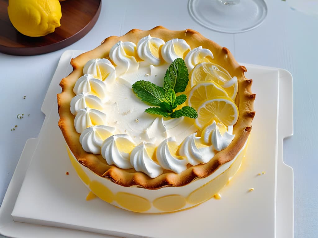  A closeup, ultradetailed image of a perfectly sliced lemon meringue pie with a delicate swirl of whipped cream on top, garnished with fresh lemon zest and a sprig of mint, set on a sleek, modern white plate. The pie appears light and airy, with a golden brown crust and a fluffy lemon filling. The focus is on the textures and vibrant colors of the dessert, showcasing its elegant presentation and inviting the viewer to indulge in this delectable treat. hyperrealistic, full body, detailed clothing, highly detailed, cinematic lighting, stunningly beautiful, intricate, sharp focus, f/1. 8, 85mm, (centered image composition), (professionally color graded), ((bright soft diffused light)), volumetric fog, trending on instagram, trending on tumblr, HDR 4K, 8K