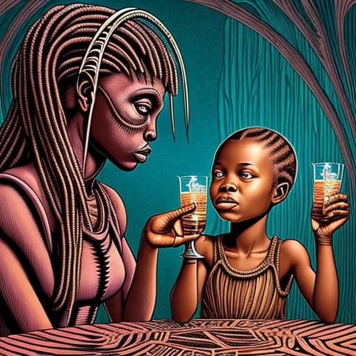  Alice and a African girl having a drink at a wild drinking party, stable diffusion, absolute reality v1.6, in the style of hr giger and moebius