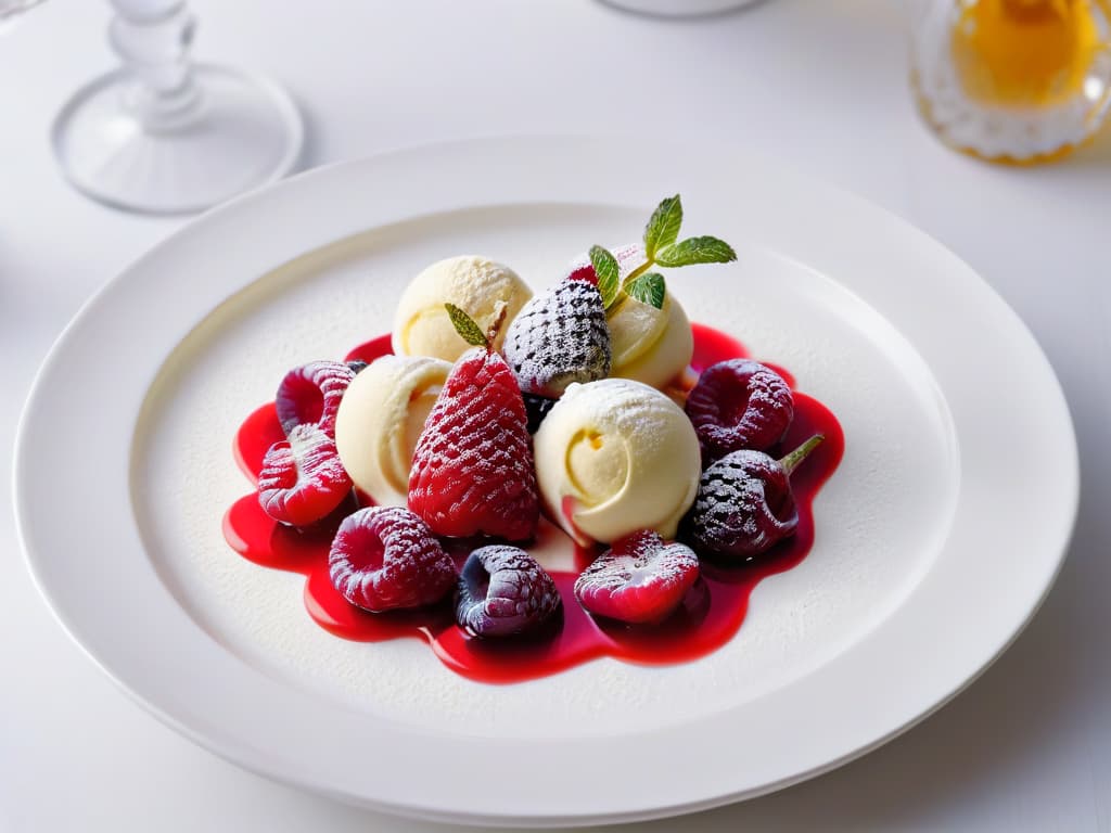  An 8k ultradetailed image of a single, perfectly symmetrical, and flawlessly plated dessert composed of a delicate quenelle of velvety vanilla bean ice cream resting on a pristine white porcelain plate. The ice cream is garnished with a precisely positioned trio of rubyred fresh raspberries, each topped with a glistening droplet of honey, creating a visually striking yet minimalistic dessert presentation. The stark contrast between the pure white background and the vibrant red fruits, coupled with the intricate details of the dessert, evokes a sense of elegance and sophistication that perfectly embodies the concept of minimalist desserts. hyperrealistic, full body, detailed clothing, highly detailed, cinematic lighting, stunningly beautiful, intricate, sharp focus, f/1. 8, 85mm, (centered image composition), (professionally color graded), ((bright soft diffused light)), volumetric fog, trending on instagram, trending on tumblr, HDR 4K, 8K