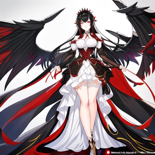  a girl manhua character with black hair and white skin have a black big wings wearing a red white dress hyperrealistic, full body, detailed clothing, highly detailed, cinematic lighting, stunningly beautiful, intricate, sharp focus, f/1. 8, 85mm, (centered image composition), (professionally color graded), ((bright soft diffused light)), volumetric fog, trending on instagram, trending on tumblr, HDR 4K, 8K