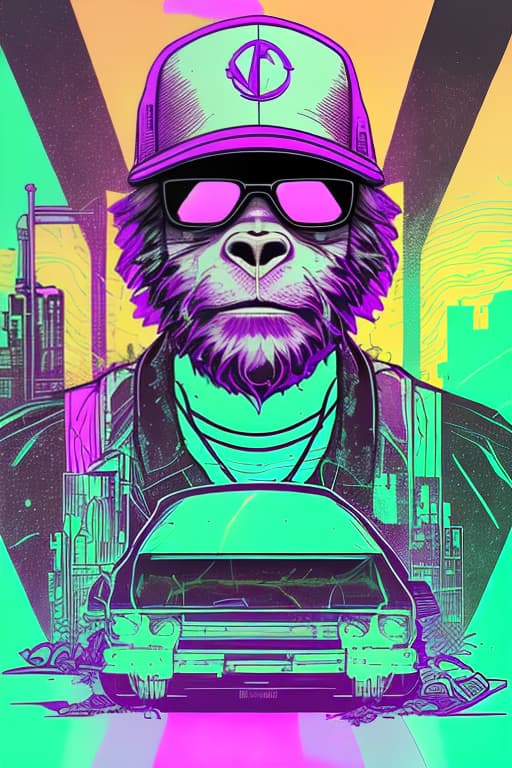 nvinkpunk Purple colors , gangster Gorilla wears sunglasses a cap, sells cannabis buds , a bag full of swiss francs in the front of the gorilla smoking a blunt that makes a lot of smoke he wears an iced out rolex. In a japan neon light scene he also chills casually wareing only designer clothes from stone island he is in an indoor hemp plantation with many purple cannabis plants that are about to be harvested but there are also socks of white pre-packaged purple cannabis bud high detailled masterpiece