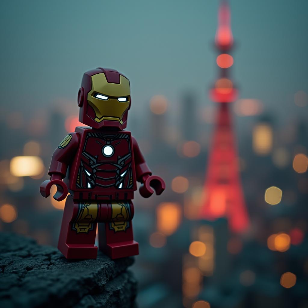  cinematic film lego man iron man who flies near the ostankino tower, shallow depth of field, vignette, highly detailed, high budget, bokeh, cinemascope, moody, epic, gorgeous, film grain, grainy