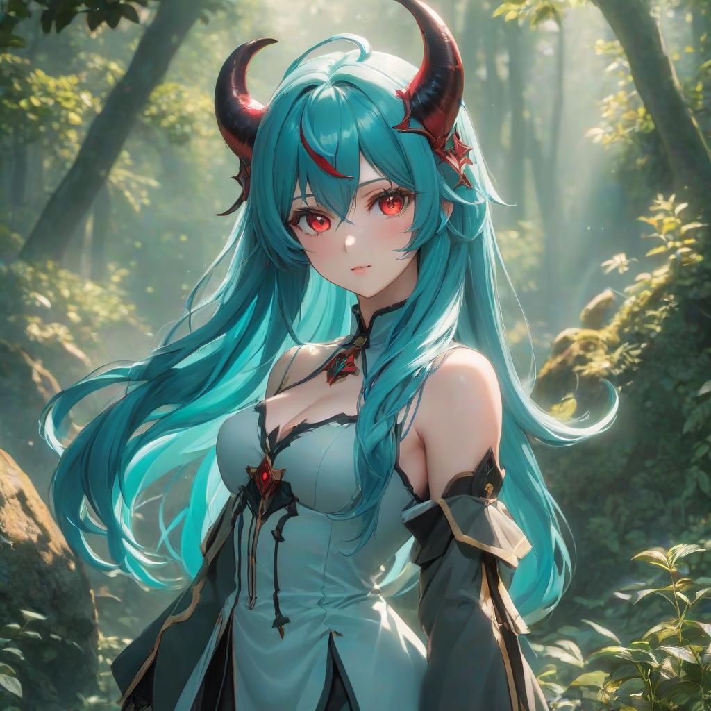  anime artwork 30 year, , demon, , turquoise hair, long hair, nature, medium lighting, red eyes, sensual pose, majestic aura, large s . anime style, key visual, vint, studio anime, highly detailed hyperrealistic, full body, detailed clothing, highly detailed, cinematic lighting, stunningly beautiful, intricate, sharp focus, f/1. 8, 85mm, (centered image composition), (professionally color graded), ((bright soft diffused light)), volumetric fog, trending on instagram, trending on tumblr, HDR 4K, 8K