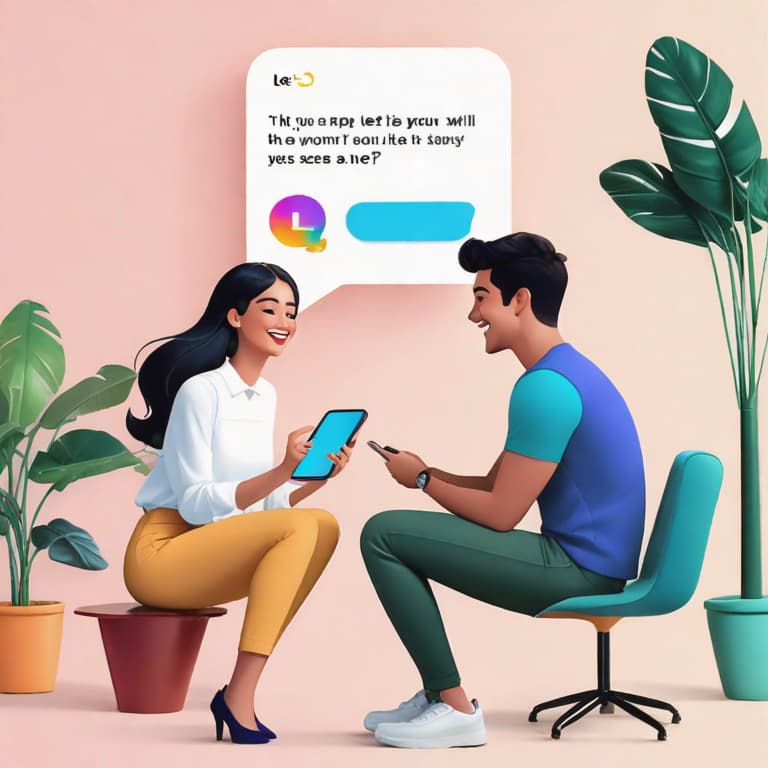  Image style: Realistic
Illustration style: Illustration
Character: A man and a woman
Place: Bright white background
Action: The man is standing on the left side of the screen, and the woman is sitting on the right side. They are chatting and laughing while using the chat app on the screen.
Speech Bubble: "Let's get closer through conversation."
Object Decoration: Colorful chat app interface on the screen
Facial expression: Smiling and joyful
Camera Style: Front view
Lighting Style: Bright and warm lighting.
Requirements:highly detailed, (best quality), highres, intricate details, Multi-Layered Textures, masterpiece. hyperrealistic, full body, detailed clothing, highly detailed, cinematic lighting, stunningly beautiful, intricate, sharp focus, f/1. 8, 85mm, (centered image composition), (professionally color graded), ((bright soft diffused light)), volumetric fog, trending on instagram, trending on tumblr, HDR 4K, 8K