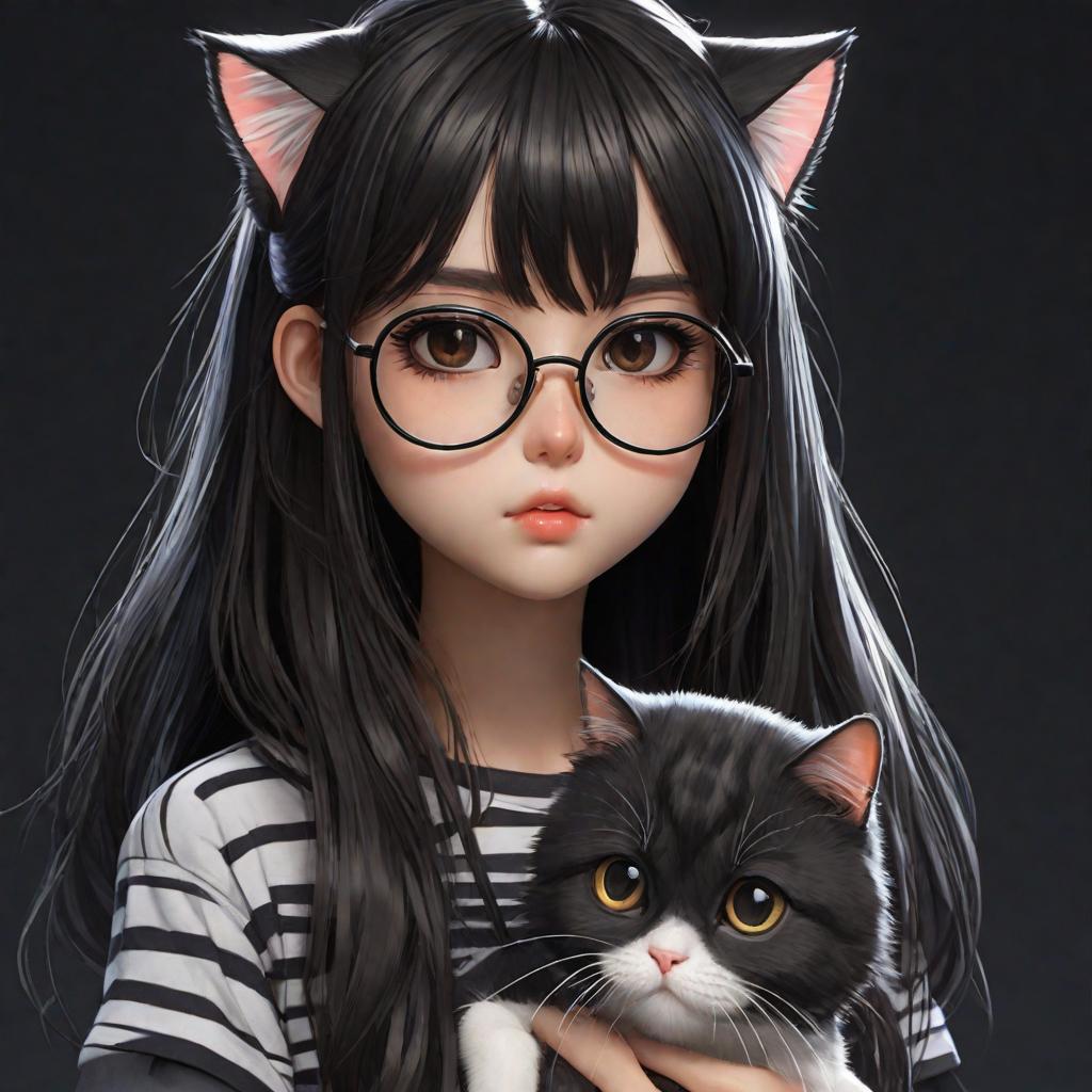  a cute girl with dark very long loose hair and double bangs and a small stature in a t-shirt with a white and black horizontal stripe and polarized glasses is sad with a cat in a cute anime style on a dark background with an, cute, hyper detail, full HD hyperrealistic, full body, detailed clothing, highly detailed, cinematic lighting, stunningly beautiful, intricate, sharp focus, f/1. 8, 85mm, (centered image composition), (professionally color graded), ((bright soft diffused light)), volumetric fog, trending on instagram, trending on tumblr, HDR 4K, 8K