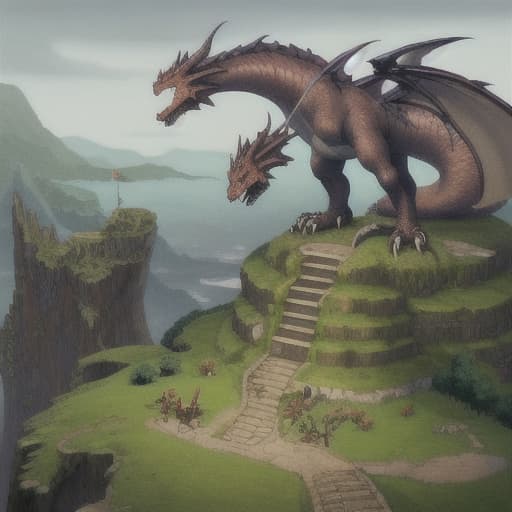  Big dragons on a hill and fantasy with a small girl standing