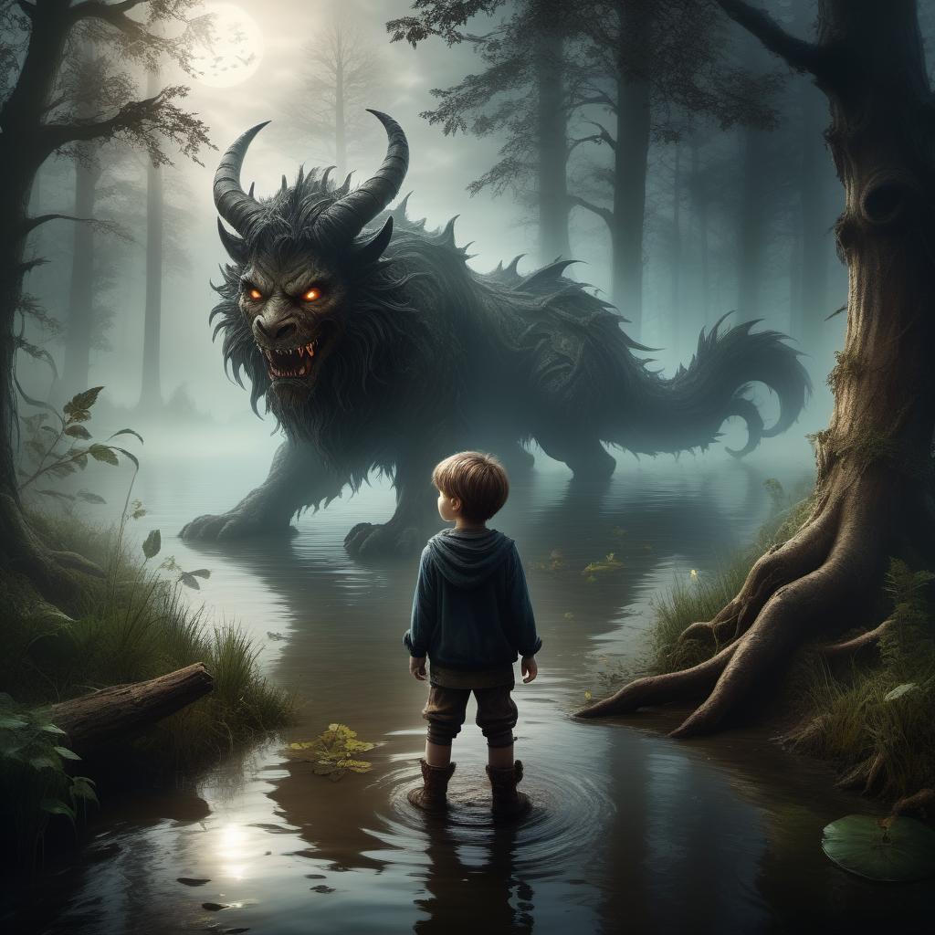  Renaissance style Little boy + scary forest + water + dirty muddy pond + demons + fog . realistic, perspective, light and shadow, religious or mythological themes, highly detailed