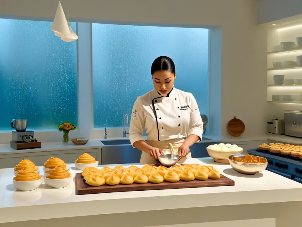  A sleek, minimalist kitchen with clean lines and a monochromatic color scheme, featuring a marble countertop adorned with carefully arranged baking tools like measuring cups, mixing bowls, and a rolling pin. The soft, natural light filtering through a large window highlights the precision and attention to detail in the culinary space, creating a serene yet sophisticated atmosphere perfect for applying interior design principles to the art of pastrymaking. hyperrealistic, full body, detailed clothing, highly detailed, cinematic lighting, stunningly beautiful, intricate, sharp focus, f/1. 8, 85mm, (centered image composition), (professionally color graded), ((bright soft diffused light)), volumetric fog, trending on instagram, trending on tumblr, HDR 4K, 8K