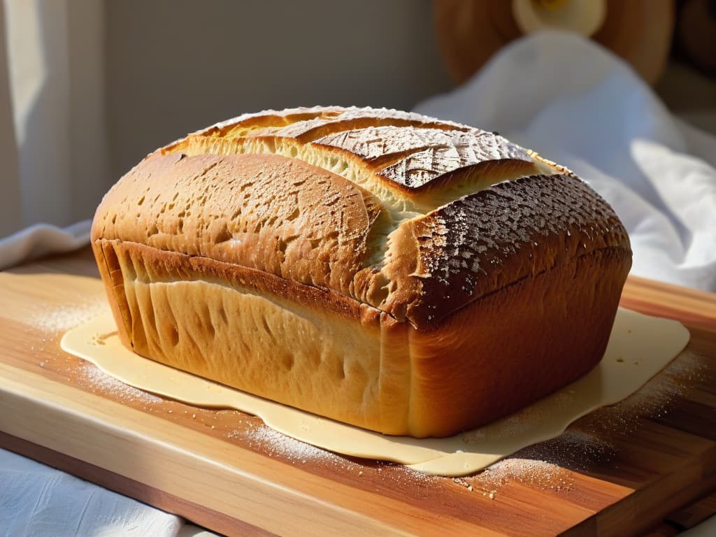  A closeup, ultradetailed image of a perfectly golden and crusty glutenfree artisanal bread loaf, sprinkled with a light dusting of flour, set on a rustic wooden cutting board. The intricate texture of the crust, with visible cracks and bubbles, contrasts beautifully with the smooth surface of the cutting board. The lighting is soft and natural, casting gentle shadows that highlight the craftsmanship of the bread. hyperrealistic, full body, detailed clothing, highly detailed, cinematic lighting, stunningly beautiful, intricate, sharp focus, f/1. 8, 85mm, (centered image composition), (professionally color graded), ((bright soft diffused light)), volumetric fog, trending on instagram, trending on tumblr, HDR 4K, 8K