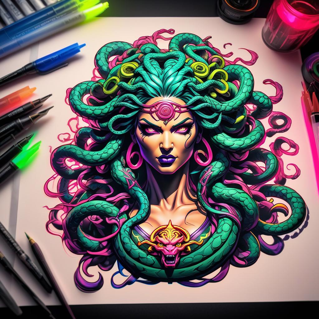  fighting game style Medusa Gorgon neon sketch tattoo . dynamic, vibrant, action packed, detailed character design, reminiscent of fighting video games hyperrealistic, full body, detailed clothing, highly detailed, cinematic lighting, stunningly beautiful, intricate, sharp focus, f/1. 8, 85mm, (centered image composition), (professionally color graded), ((bright soft diffused light)), volumetric fog, trending on instagram, trending on tumblr, HDR 4K, 8K