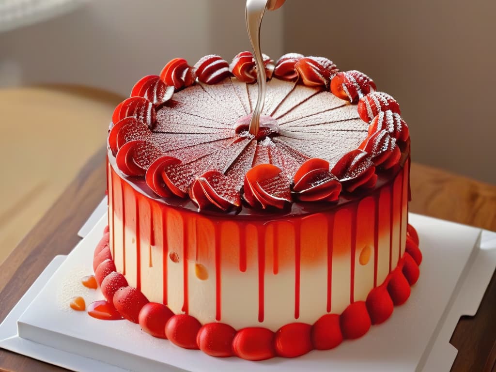  A closeup, ultradetailed image of a pastry chef's hands delicately drizzling a vibrant red glaze over a perfectly frosted cake. The focus is on the glossy texture of the glaze as it cascades down the sides of the cake, creating a mesmerizing visual effect that showcases the precision and artistry of professional pastry decoration. hyperrealistic, full body, detailed clothing, highly detailed, cinematic lighting, stunningly beautiful, intricate, sharp focus, f/1. 8, 85mm, (centered image composition), (professionally color graded), ((bright soft diffused light)), volumetric fog, trending on instagram, trending on tumblr, HDR 4K, 8K