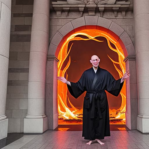  evil bald man in robes in front of a fiery portal