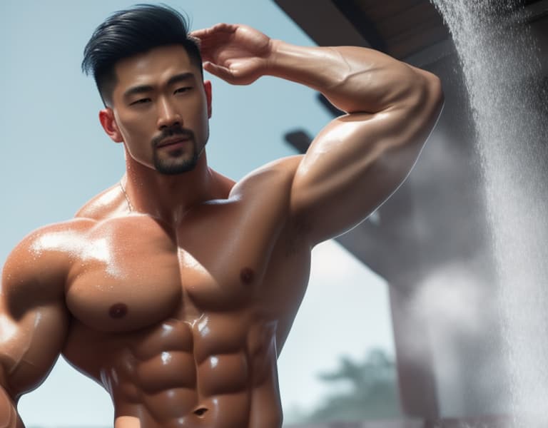  muscle, Chinese beautiful boy, taking a shower in heaven， body，chest hair hyperrealistic, full body, detailed clothing, highly detailed, cinematic lighting, stunningly beautiful, intricate, sharp focus, f/1. 8, 85mm, (centered image composition), (professionally color graded), ((bright soft diffused light)), volumetric fog, trending on instagram, trending on tumblr, HDR 4K, 8K