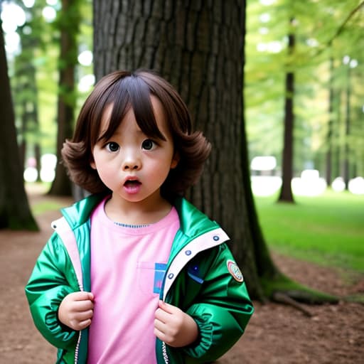  A vary cute Kawaii girl in a green jacket. Brown hair. Blue eyes. Looks scared but amazed. the girl is Holding a vary tiny shrunken down boy wearing a blue jacket. Trees in the background