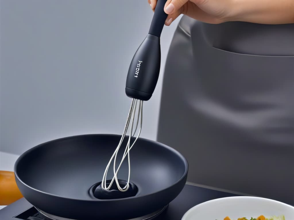  A closeup, ultradetailed image of a sleek, modern electric whisk with a matte black finish, capturing the intricate metal whisk attachments and the elegant handle design. The lighting highlights the subtle curves and the brand logo subtly engraved on the handle, showcasing the craftsmanship and innovation of the kitchen tool. The background is a soft neutral tone to emphasize the minimalist aesthetic, making the whisk the focal point of the image. hyperrealistic, full body, detailed clothing, highly detailed, cinematic lighting, stunningly beautiful, intricate, sharp focus, f/1. 8, 85mm, (centered image composition), (professionally color graded), ((bright soft diffused light)), volumetric fog, trending on instagram, trending on tumblr, HDR 4K, 8K