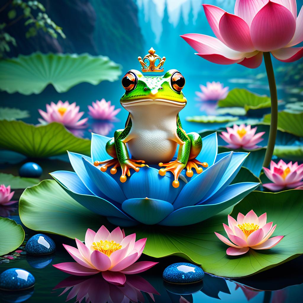  ethereal fantasy concept art of (Background): a lake with blooming lotuses of different shades: from white pink to bright crimson and leaves of tender green colour. The sky above the lake of dark blue colour with golden stars scattered on it. (Fantasy Princess Frog): in the centre of the lake on the biggest lotus flower sits a charming frog in a golden crown decorated with blue and blue precious stones. In his paws he holds a ring decorated with blue stones. Style: fantasy, Russian fairy tales, illustrations. . magnificent, celestial, ethereal, painterly, epic, majestic, magical, fantasy art, cover art, dreamy hyperrealistic, full body, detailed clothing, highly detailed, cinematic lighting, stunningly beautiful, intricate, sharp focus, f/1. 8, 85mm, (centered image composition), (professionally color graded), ((bright soft diffused light)), volumetric fog, trending on instagram, trending on tumblr, HDR 4K, 8K