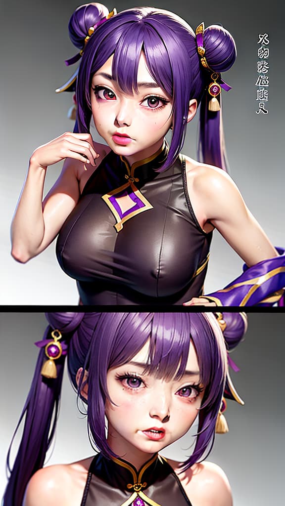  做爱 翻白眼吐舌头, keqing (genshin impact),purple eyes,purple hair,twintails, hair ornament,bare shoulders,dress,hair bun,detached sleeves,