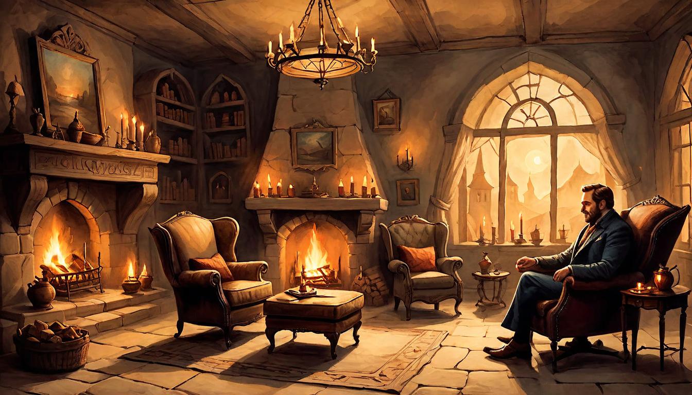  on parchment, surrealism+++, A cozy fireside scene, warm glowing fire casting comforting shadows, comfortable armchairs, gentle ambient light, soothing, restful(mysterious, provocative, symbolic,muted color)+++