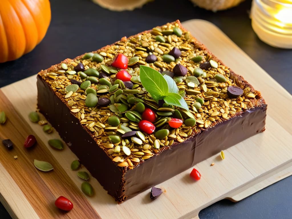  A closeup, photorealistic image of a homemade energy bar with a decadent layer of dark chocolate on top, sprinkled with vibrant red goji berries, golden flaxseeds, and green pumpkin seeds, all set on a rustic wooden cutting board. The lighting is soft, highlighting the textures of the nuts, oats, and dried fruits within the bar, evoking a sense of wholesome indulgence and nutritious delight. hyperrealistic, full body, detailed clothing, highly detailed, cinematic lighting, stunningly beautiful, intricate, sharp focus, f/1. 8, 85mm, (centered image composition), (professionally color graded), ((bright soft diffused light)), volumetric fog, trending on instagram, trending on tumblr, HDR 4K, 8K