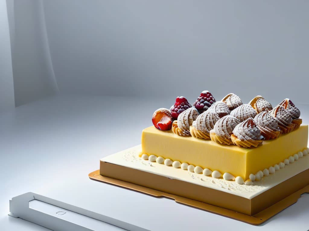  An 8k ultradetailed image showcasing a sleek, minimalistic lighting setup for food photography, with soft, diffused light illuminating a beautifully crafted pastry on a pristine white backdrop. The lighting system includes strategically placed LED lights and light modifiers to create a perfect balance of shadows and highlights, enhancing the textures and colors of the dessert. The overall aesthetic is clean, modern, and professional, setting the tone for the ideal lighting setup for pastry photography. hyperrealistic, full body, detailed clothing, highly detailed, cinematic lighting, stunningly beautiful, intricate, sharp focus, f/1. 8, 85mm, (centered image composition), (professionally color graded), ((bright soft diffused light)), volumetric fog, trending on instagram, trending on tumblr, HDR 4K, 8K