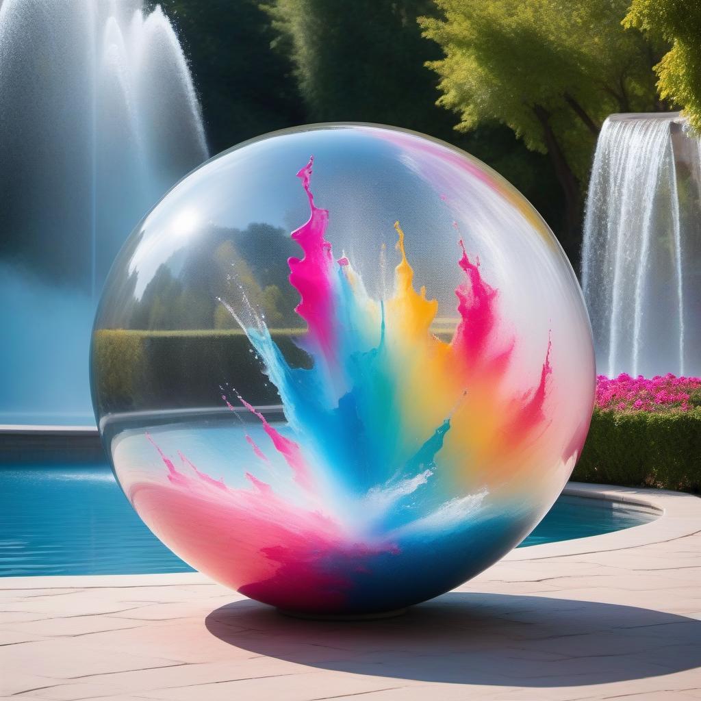  A glass prism, in a large stretched ball, everything exploded, around the color spray of the fountain, the background of white pink blue tones, colored colors.Style expressionism