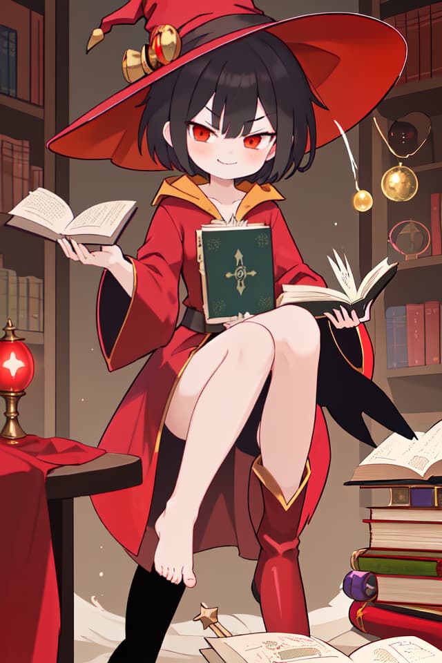   , , short hair, wearing red robe, opening a magic book, wearing a witch hat, smug face, a leg