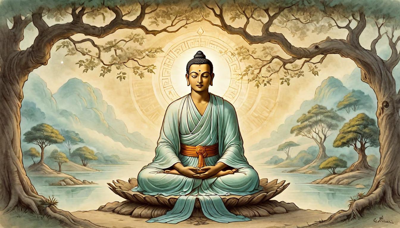  on parchment, surrealism+++, Siddhartha Gautama sitting cross legged, serene and calm expression, glowing aura, intricate design of robes, under a Bodhi tree, surrounded by an ethereal light, sense of divine presence, tranquility, enlightenment(mysterious, provocative, symbolic,muted color)+++