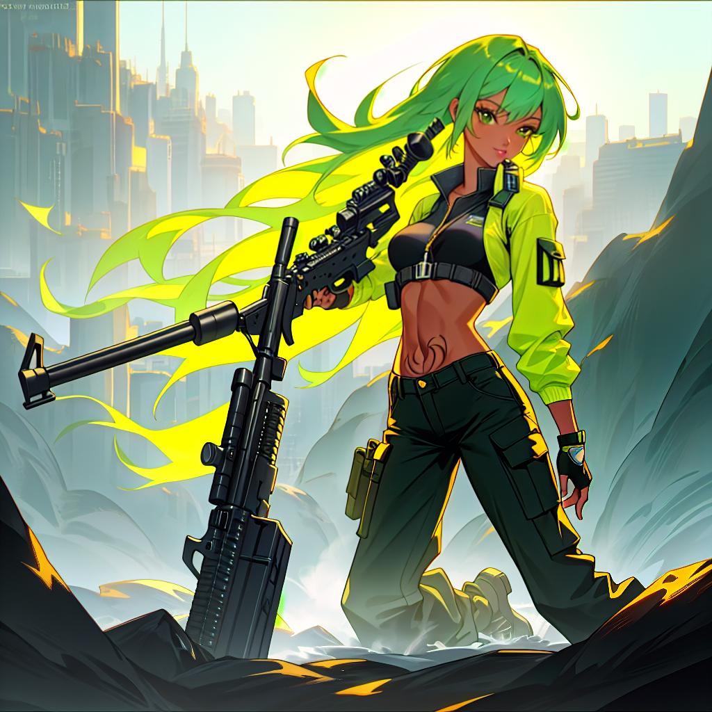  Woman,orange and lime green mixed color hair,green colored eyes,black colored lipstick,tattoos,tanned colored skin,prettiest woman in the world,slim thick fit body,black crop top,black cargo pants,holding sniper rifle,detailed,eye catching,90s anime art style., hyperrealistic, full body, detailed clothing, highly detailed, cinematic lighting, stunningly beautiful, intricate, sharp focus, f/1. 8, 85mm, (centered image composition), (professionally color graded), ((bright soft diffused light)), volumetric fog, trending on instagram, trending on tumblr, HDR 4K, 8K hyperrealistic, full body, detailed clothing, highly detailed, cinematic lighting, stunningly beautiful, intricate, sharp focus, f/1. 8, 85mm, (centered image composition), (professionally color graded), ((bright soft diffused light)), volumetric fog, trending on instagram, trending on tumblr, HDR 4K, 8K