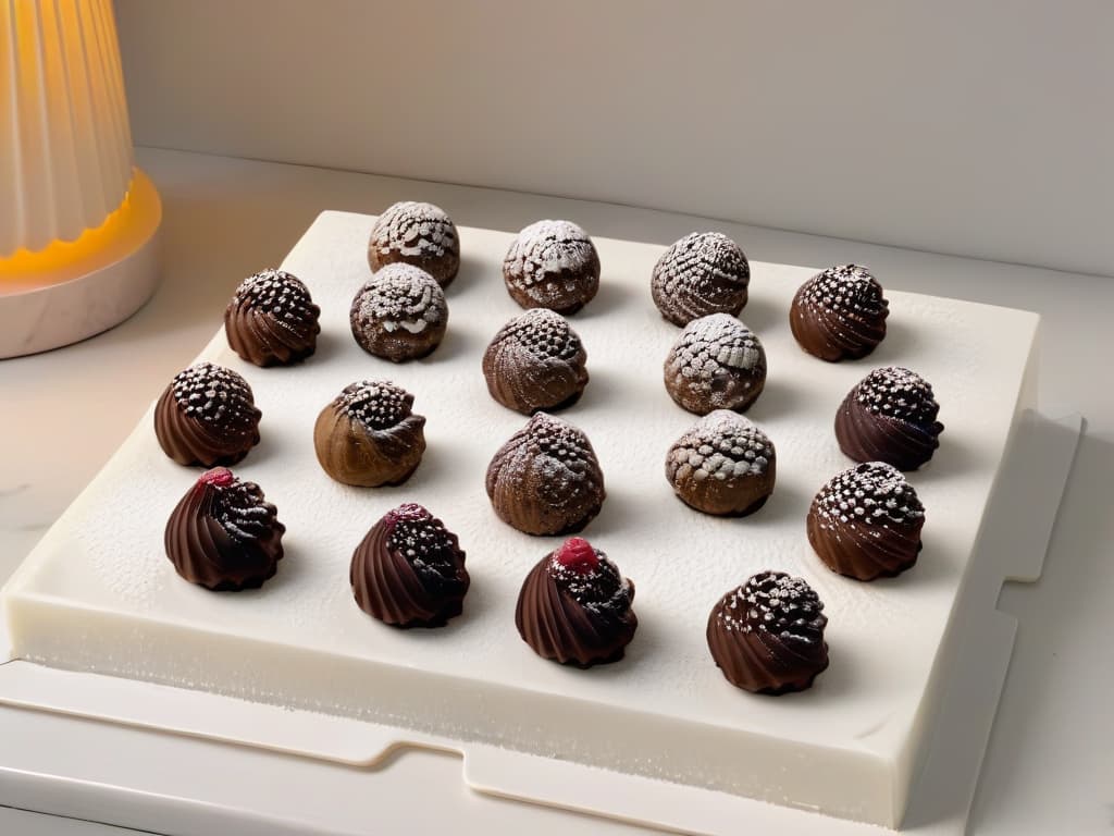  An image of a sleek, white marble countertop adorned with a row of perfectly crafted homemade healthy truffles. Each truffle is delicately dusted with cocoa powder and garnished with a single, plump raspberry on top. The soft lighting in the kitchen creates a warm, inviting ambiance, highlighting the rich, velvety texture of the truffles and the vibrant red hue of the fresh fruit. The minimalist composition and elegant presentation exude sophistication and culinary expertise, making it an ideal visual complement for your article on healthy truffles. hyperrealistic, full body, detailed clothing, highly detailed, cinematic lighting, stunningly beautiful, intricate, sharp focus, f/1. 8, 85mm, (centered image composition), (professionally color graded), ((bright soft diffused light)), volumetric fog, trending on instagram, trending on tumblr, HDR 4K, 8K