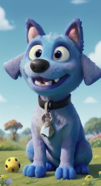  {Max carefully picking up the ball with his teeth without disturbing the flowers, The big blue dog is large with sky blue fur, big round eyes, a black nose, and floppy ears.