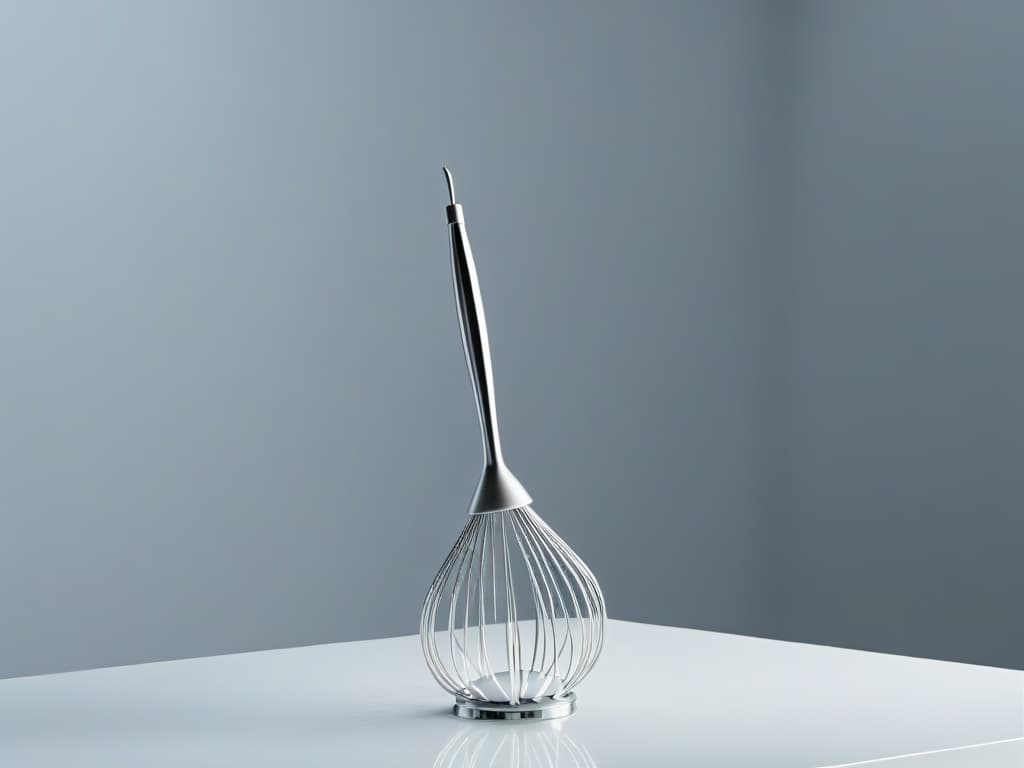  A sleek, minimalistic image featuring a closeup of a set of highend electric whisk attachments gleaming under soft lighting, showcasing their intricate design and modern aesthetic. The image focuses on the elegant curves and polished surfaces of the whisk heads, exuding a sense of sophistication and precision that appeals to professional bakers and conveys the message of topquality electric whisk options for pastrymaking enthusiasts. hyperrealistic, full body, detailed clothing, highly detailed, cinematic lighting, stunningly beautiful, intricate, sharp focus, f/1. 8, 85mm, (centered image composition), (professionally color graded), ((bright soft diffused light)), volumetric fog, trending on instagram, trending on tumblr, HDR 4K, 8K