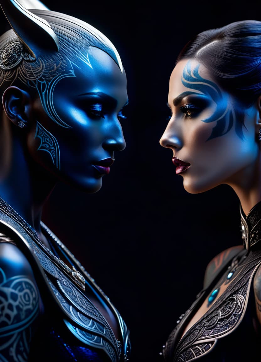  cinematic photo two fantasy creatures standing close to each other with their foreheads touching. Their skin is decorated with highly detailed tattoos or patterns, accentuated by contrasts and hues, giving them a three dimensional appearance. Their hair is styled in such a way that the flow of privilege disappears into a background that has a similar textural quality, creating an overall connective and mystical atmosphere. The characters appear supernatural or fantastical due to their stylized appearance. Dark color, dark silver and blue black color. 3d, 64k, hight quality, realism, photography style . 35mm photograph, film, bokeh, professional, 4k, highly detailed hyperrealistic, full body, detailed clothing, highly detailed, cinematic lighting, stunningly beautiful, intricate, sharp focus, f/1. 8, 85mm, (centered image composition), (professionally color graded), ((bright soft diffused light)), volumetric fog, trending on instagram, trending on tumblr, HDR 4K, 8K