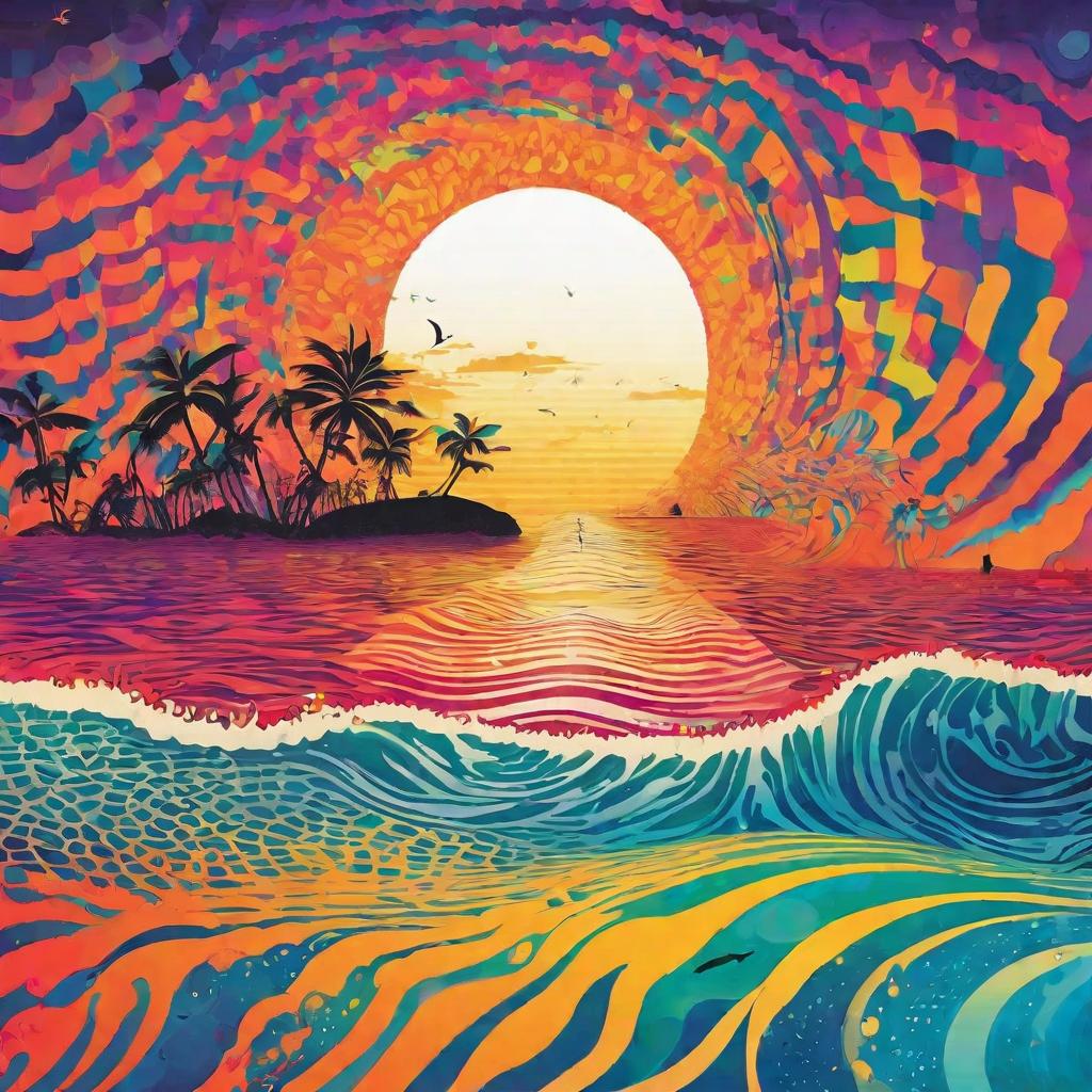  masterpiece, best quality, A mesmerizing poster design featuring a surreal interpretation of the ocean at sunset. The scene is depicted in a psychedelic style, with vibrant and intense colors swirling and blending together to create a mesmerizing visual experience. The clear skies are filled with music notes that seem to dance and float in the air, adding a whimsical touch to the composition. The overall mood is energetic and lively, as if the music notes are singing and celebrating the beauty of the ocean. The realization could involve using digital art software and a unique rendering engine that specializes in creating psychedelic and abstract visuals, resulting in a truly eye-catching and immersive poster design.