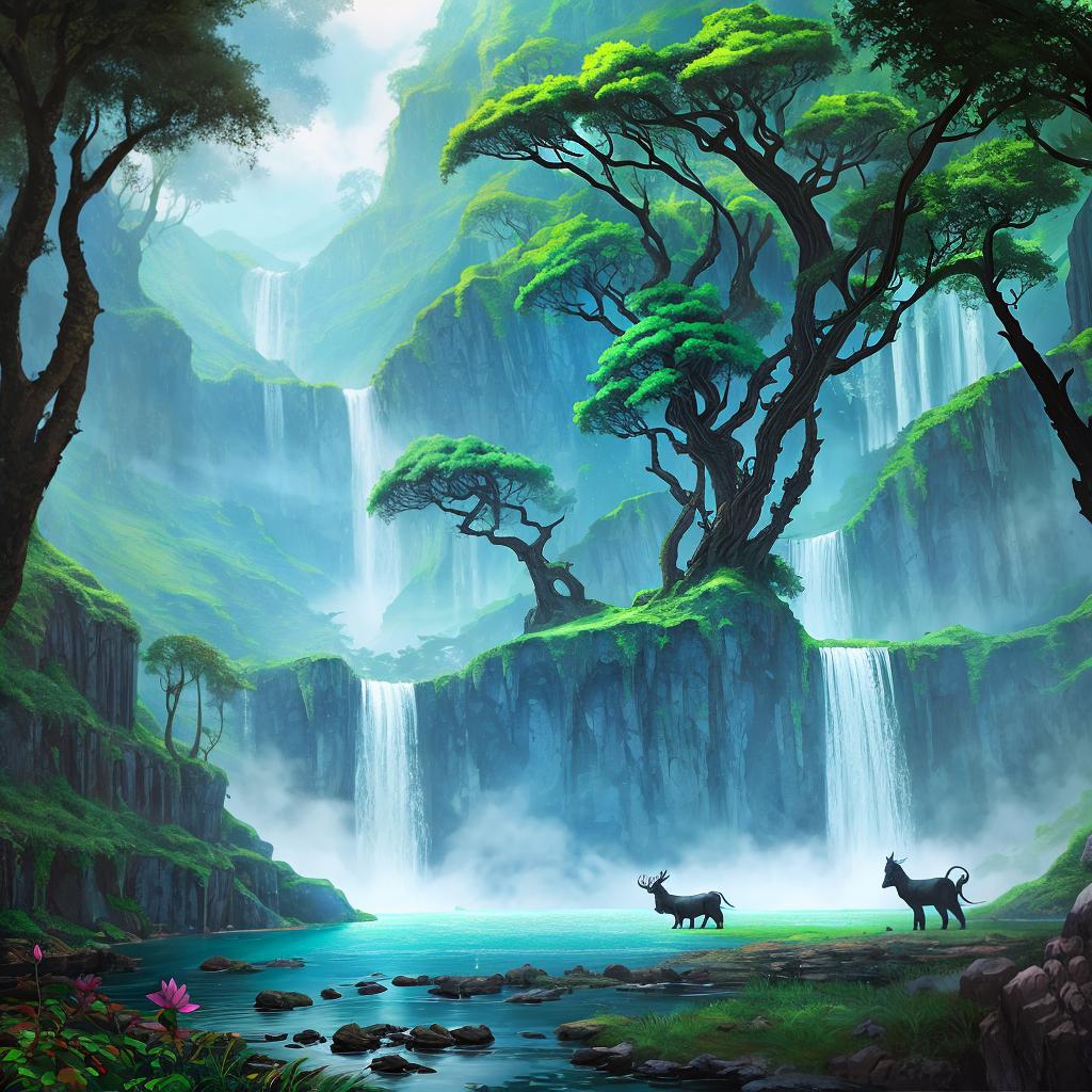  in a fantasy setting, Paint a surreal landscape where mythical beasts roam amidst cascading waterfalls.