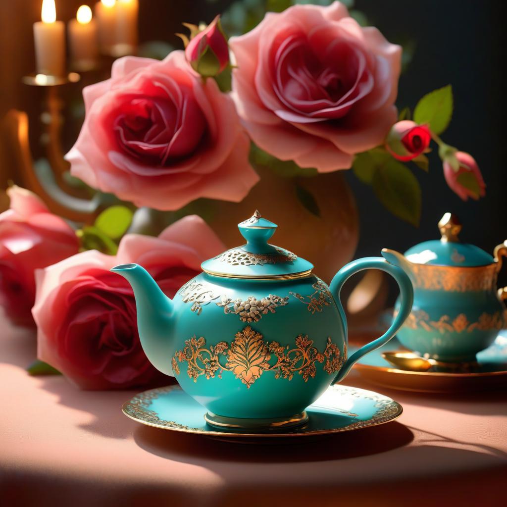  ethereal fantasy concept art of (Background:interior). (Wallpaper):dark chocolate colour with beige monogram patterns. An antique dining table covered with a white tablecloth. On the table a gilded candlestick with a burning candle, two teapots and one cup with tea roses, plates with sponge cakes with raspberry cream. Rose petals are scattered around the set. (Tea set design): the first teapot on a high openwork leg of mint and turquoise colour, with a kind smile and blue eyes, with a blue blue wide checkerboard lid. The second teapot is pink in colour, with mother of pearl, blue eyes, with a blue pink checkered lid. (Rose cup): cream coloured with big brown eyes and a wide smile. Inside it is a bouquet of scarlet coloured tea roses . magn hyperrealistic, full body, detailed clothing, highly detailed, cinematic lighting, stunningly beautiful, intricate, sharp focus, f/1. 8, 85mm, (centered image composition), (professionally color graded), ((bright soft diffused light)), volumetric fog, trending on instagram, trending on tumblr, HDR 4K, 8K