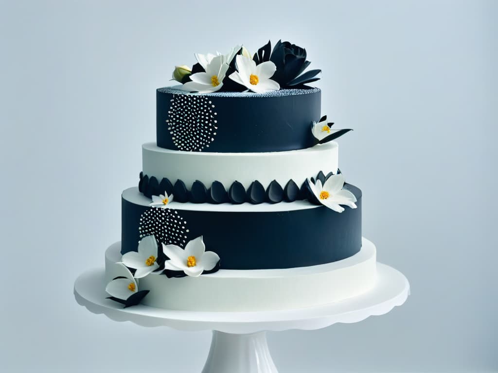  A minimalist black and white photograph of a beautifully intricate and modern cake design, featuring avantgarde geometric patterns and delicate sugar flowers. The cake is displayed on a sleek, monochromatic pedestal against a clean, white backdrop, highlighting the artistry and precision of contemporary pastry craftsmanship. hyperrealistic, full body, detailed clothing, highly detailed, cinematic lighting, stunningly beautiful, intricate, sharp focus, f/1. 8, 85mm, (centered image composition), (professionally color graded), ((bright soft diffused light)), volumetric fog, trending on instagram, trending on tumblr, HDR 4K, 8K