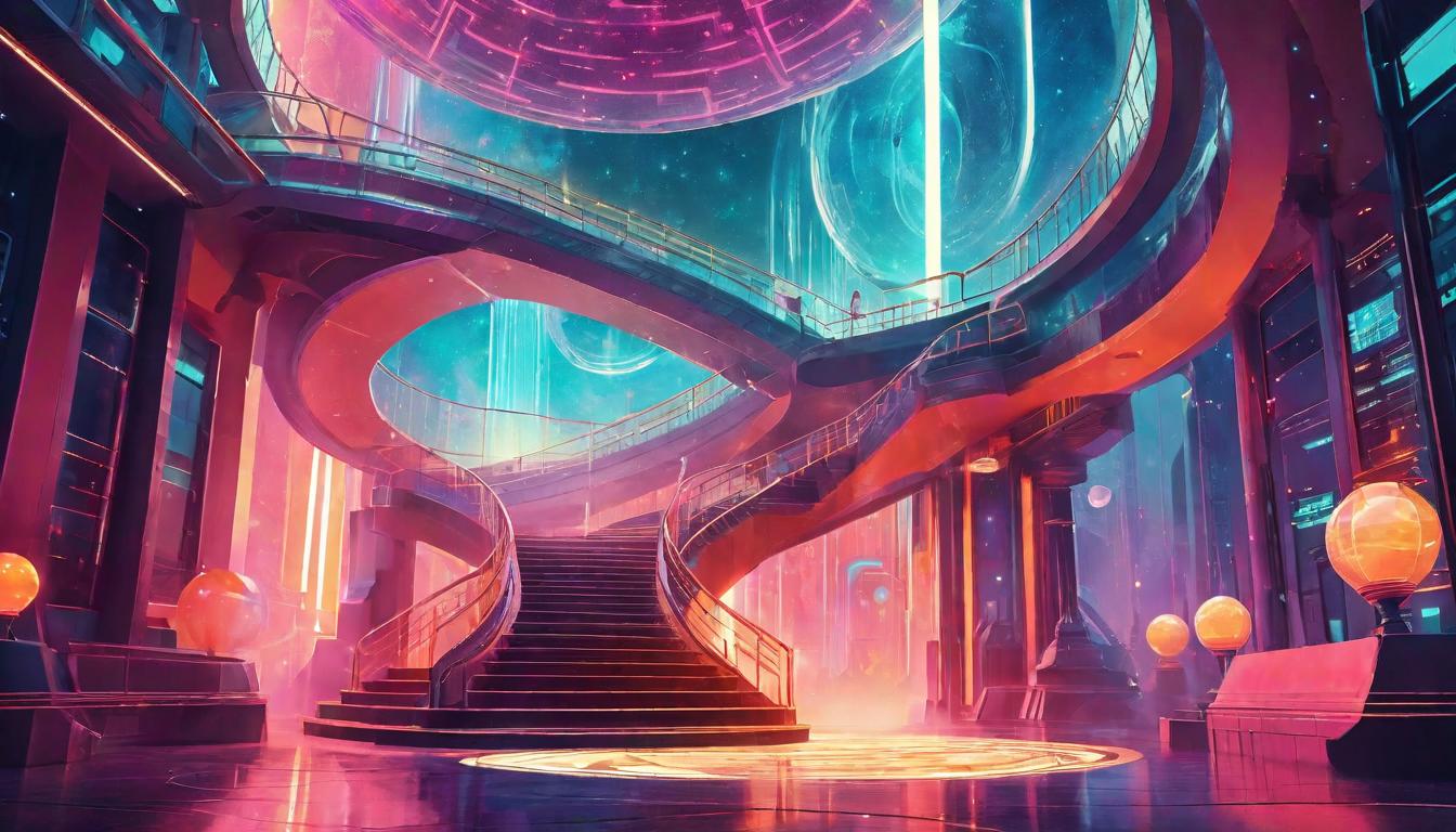  retro futuristic Contribution, ascension process, ethereal stairs, glowing light, cosmic background lvintage sci fi, 50s and 60s style, atomic age, vibrant, highly detailed