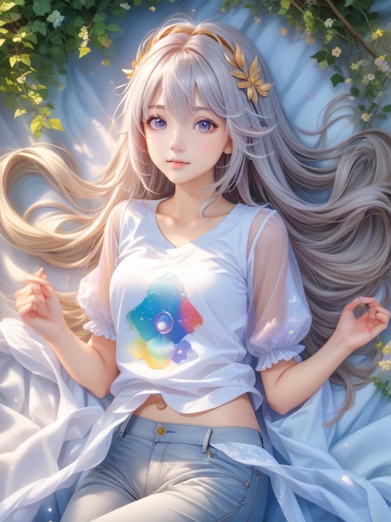  best quality,masterpiece,highres,beautiful eyes,detailed background,BREAK kawaii, cute,(1 woman, 18yo, solo:1.5),long hair, hair_ornament,silver hair, [happy],(puffy_sleeves, shirt, short_sleeves, jeggings),(large breats:1.3),from above,BREAK summer,shiny,daytime in the city of cloud hyperrealistic, full body, detailed clothing, highly detailed, cinematic lighting, stunningly beautiful, intricate, sharp focus, f/1. 8, 85mm, (centered image composition), (professionally color graded), ((bright soft diffused light)), volumetric fog, trending on instagram, trending on tumblr, HDR 4K, 8K