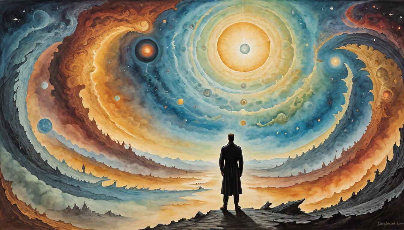  on parchment, surrealism+++, A person stands at the edge of a luminous event horizon, gazing into a convergence of experiences, colors blending at the boundary, event horizon symbolizing self confrontation, merging experiences, pivotal, integrating, transformative(mysterious, provocative, symbolic,muted color)+++