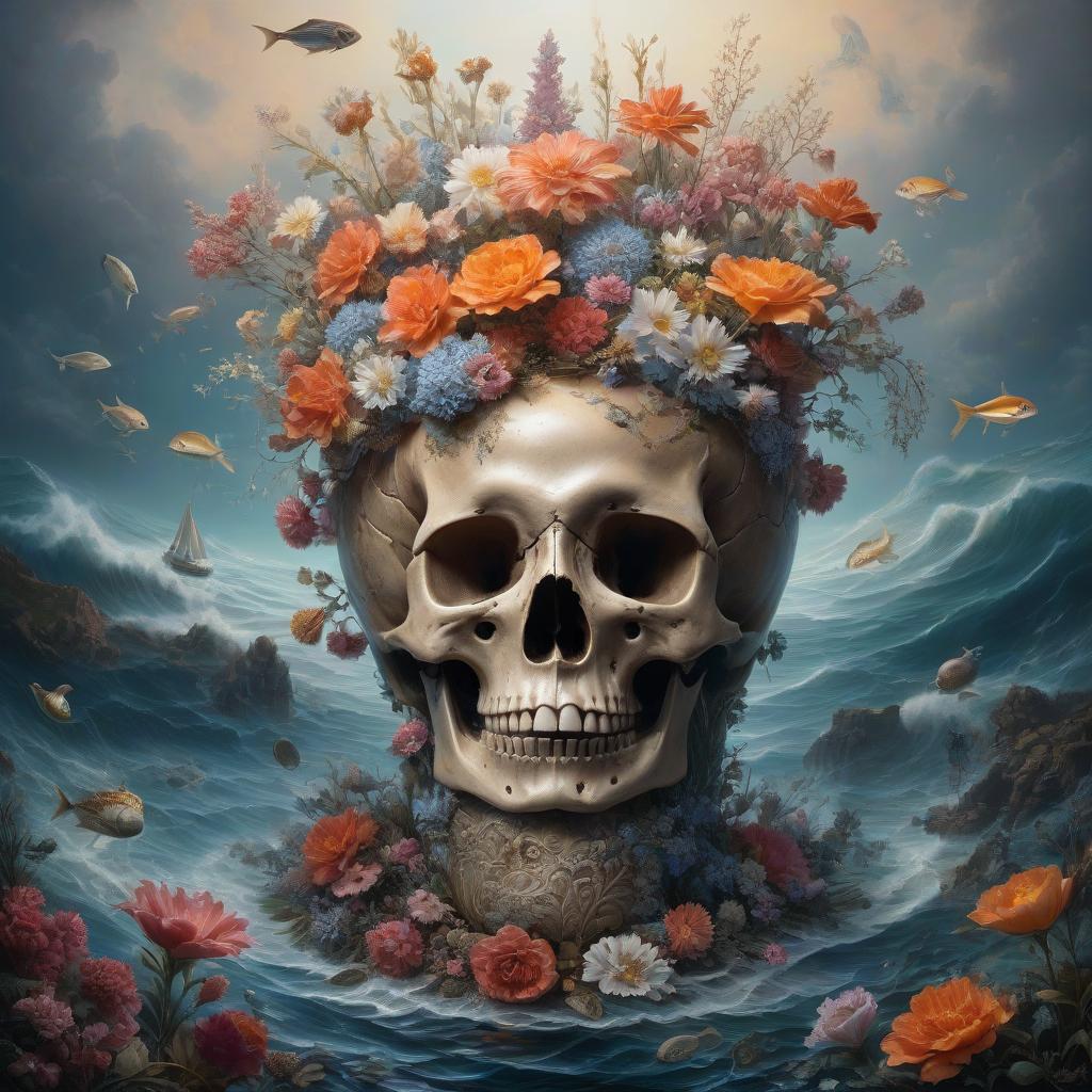  nautical themed (Surrealist Art, Masterpiece:1. 1), Gothic vase in the form of a human skull filled with wildflowers, intricate floral patterns, surreal and dreamlike atmosphere, skull shaped object with swirling patterns, ethereal glow around it floating in a mystical void, intricate details, showing traditional Russian artistic style, subtle hints of surrealistic elements such as floating petals or shimmering lights, rich texture and depth in the artwork, a mesmerizing combination of surrealism and intricate ceramic art. . sea, ocean, ships, maritime, beach, marine life, highly detailed hyperrealistic, full body, detailed clothing, highly detailed, cinematic lighting, stunningly beautiful, intricate, sharp focus, f/1. 8, 85mm, (centered image composition), (professionally color graded), ((bright soft diffused light)), volumetric fog, trending on instagram, trending on tumblr, HDR 4K, 8K