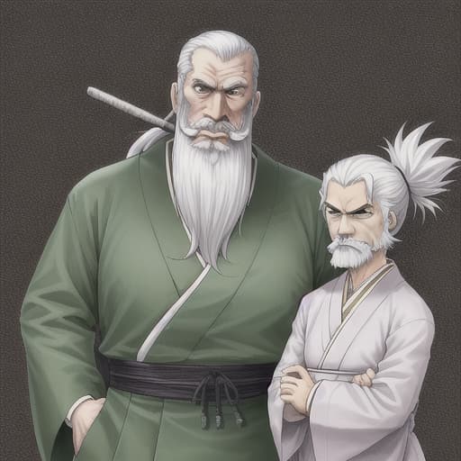  old man, Japanese outfits, serious face, long thin beard and mustache, thin, White hair