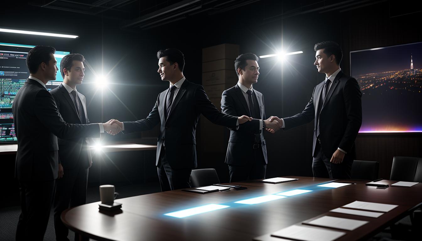  cinematic, aesthetic, Symbolic handshake, superimposed over a boardroom setting, background shows colleagues working together, sense of teamwork, collaborative atmosphere, goodwill, mutual respect, 4k, HDR, lens flare