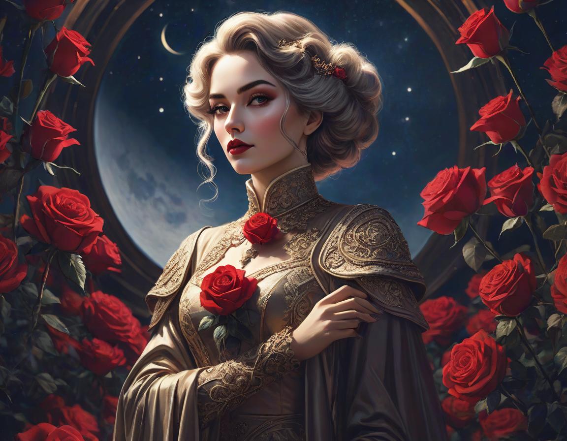  concept art An elaborate digital artwork of a woman in vintage attire with roses and a lunar backdrop. . digital artwork, illustrative, painterly, matte painting, highly detailed hyperrealistic, full body, detailed clothing, highly detailed, cinematic lighting, stunningly beautiful, intricate, sharp focus, f/1. 8, 85mm, (centered image composition), (professionally color graded), ((bright soft diffused light)), volumetric fog, trending on instagram, trending on tumblr, HDR 4K, 8K