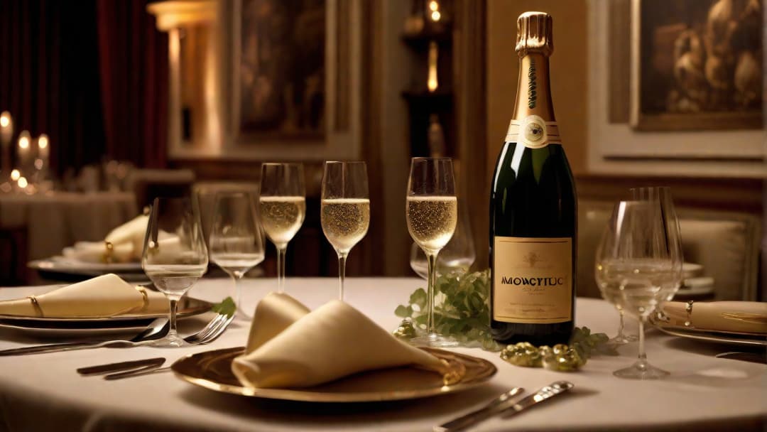  Capture a lavish dinner table set in an upscale Italian restaurant, with a bottle of champagne as the centerpiece. The label on the champagne bottle should be prominent, showcasing the brand and type of champagne featured in the iconic film "Moonstruck". The ambiance should exude romance and sophistication, evoking the atmosphere of the memorable scenes from the movie. hyperrealistic, full body, detailed clothing, highly detailed, cinematic lighting, stunningly beautiful, intricate, sharp focus, f/1. 8, 85mm, (centered image composition), (professionally color graded), ((bright soft diffused light)), volumetric fog, trending on instagram, trending on tumblr, HDR 4K, 8K